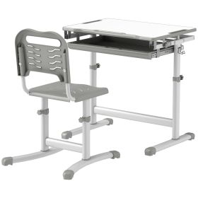 Height Adjustable Study Table and Chair Set with Drawer, Pen Slot, Tiltable Desktop, Hook, Grey